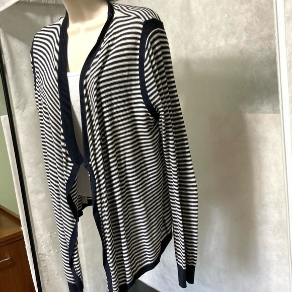 ANN TAYLOR LOFT Black and White Striped Open Button Cardigan Womans Large - Picture 5 of 16